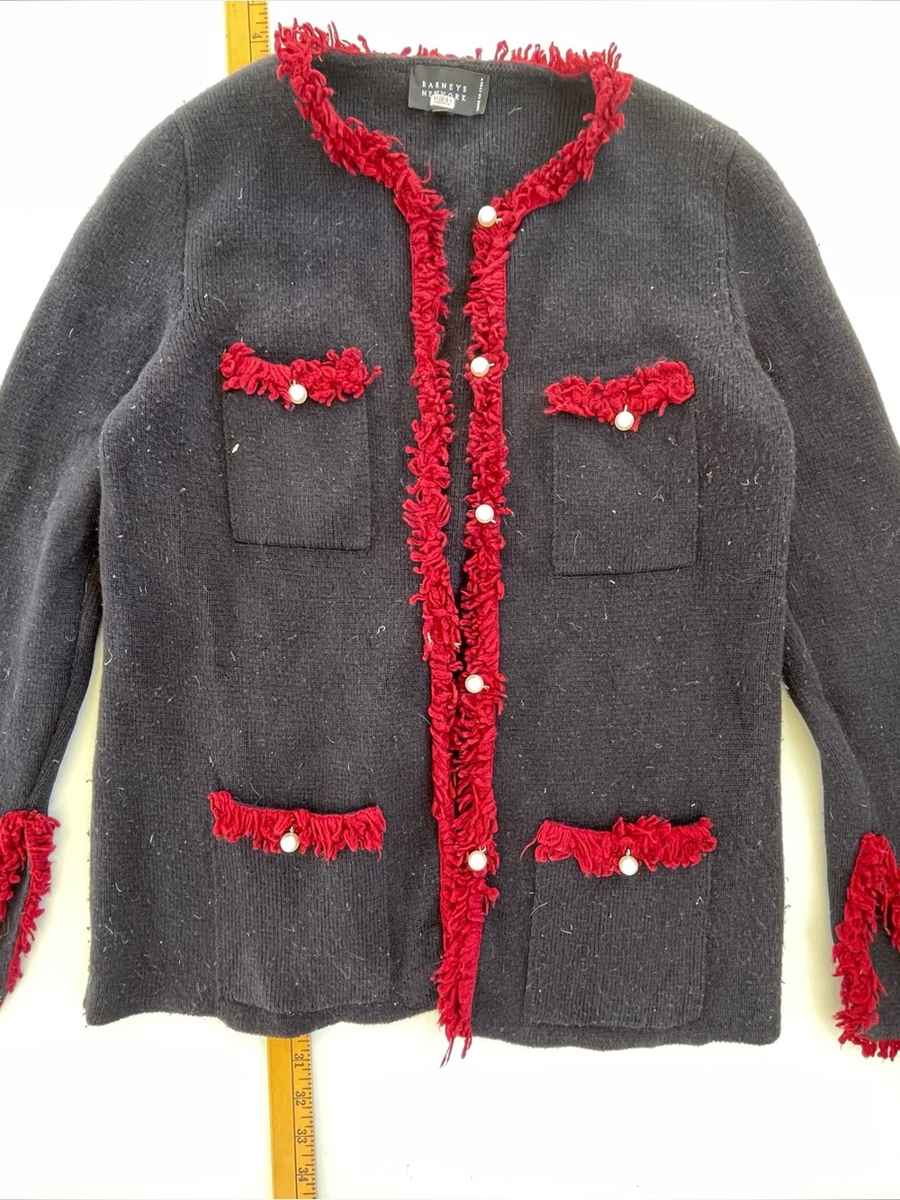 Barneys New York 100% Cashmere Cardigan XS Italy Black Red Fringe Pearl Y2K
